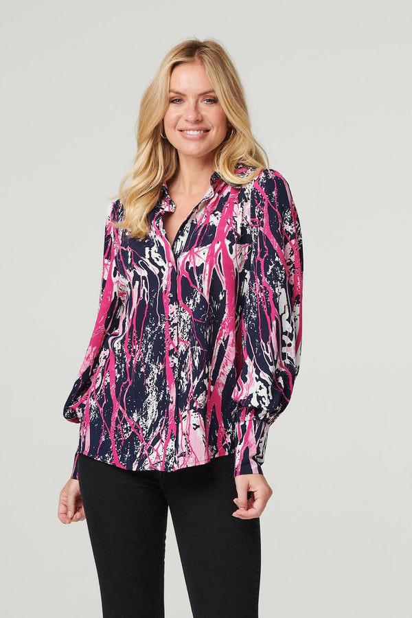Navy | Abstract Print Puff Sleeve Blouse