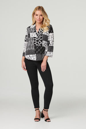 Black | Patchwork Print Collarless Blouse