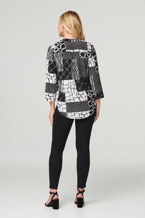 Black | Patchwork Print Collarless Blouse