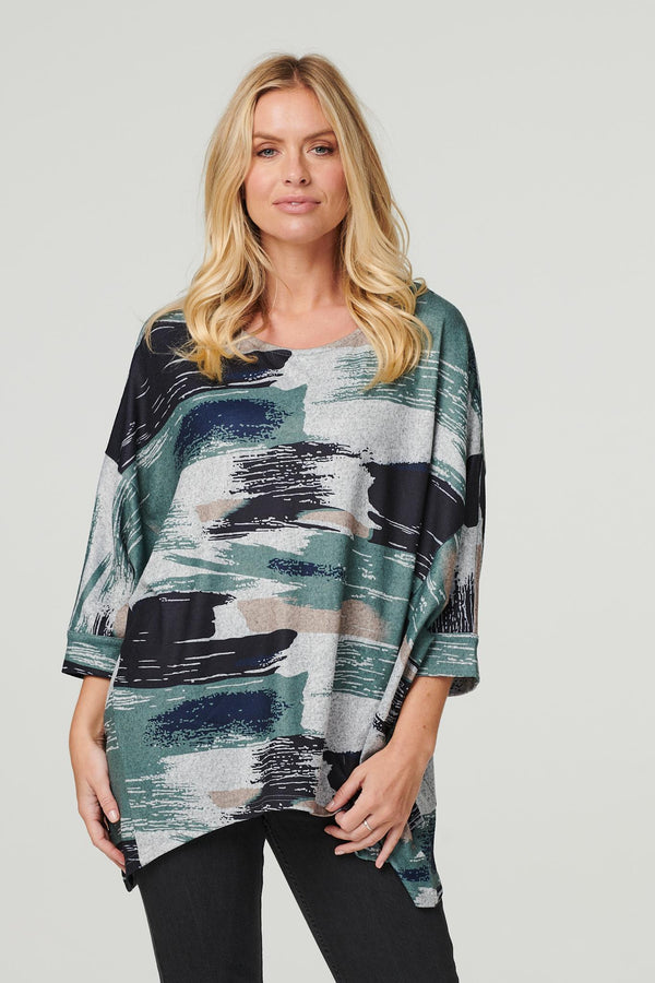 Green | Brushstroke Print Oversized Top