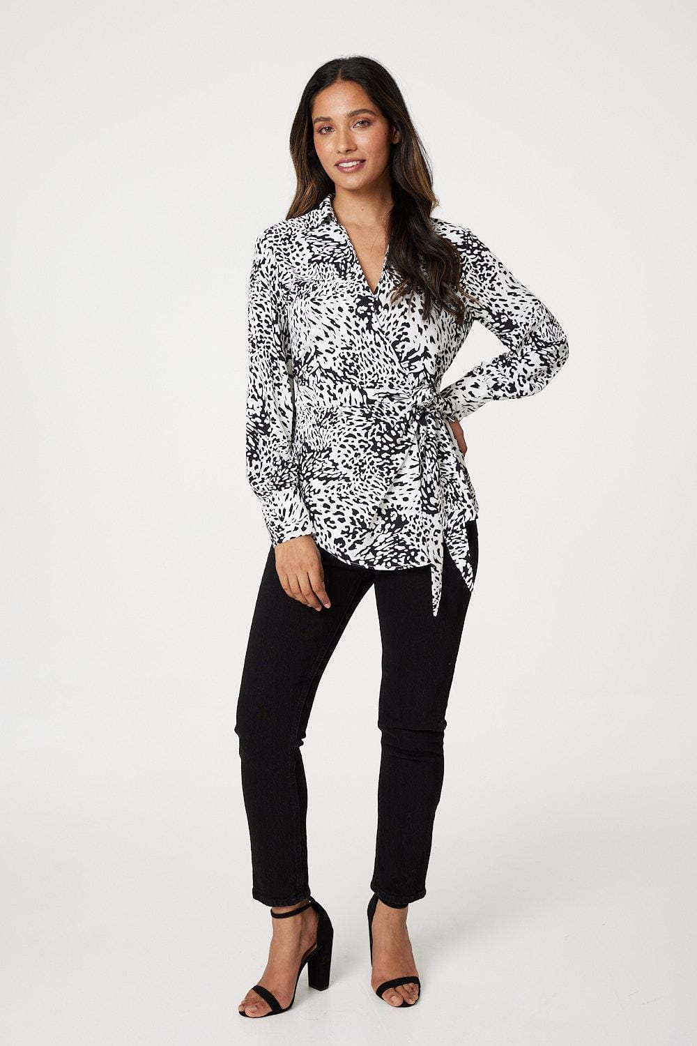 Black And White | Animal Print Wrap Front Blouse : Model is 5'7.5"/171 cm and wears UK8/EU36/US4/AUS8