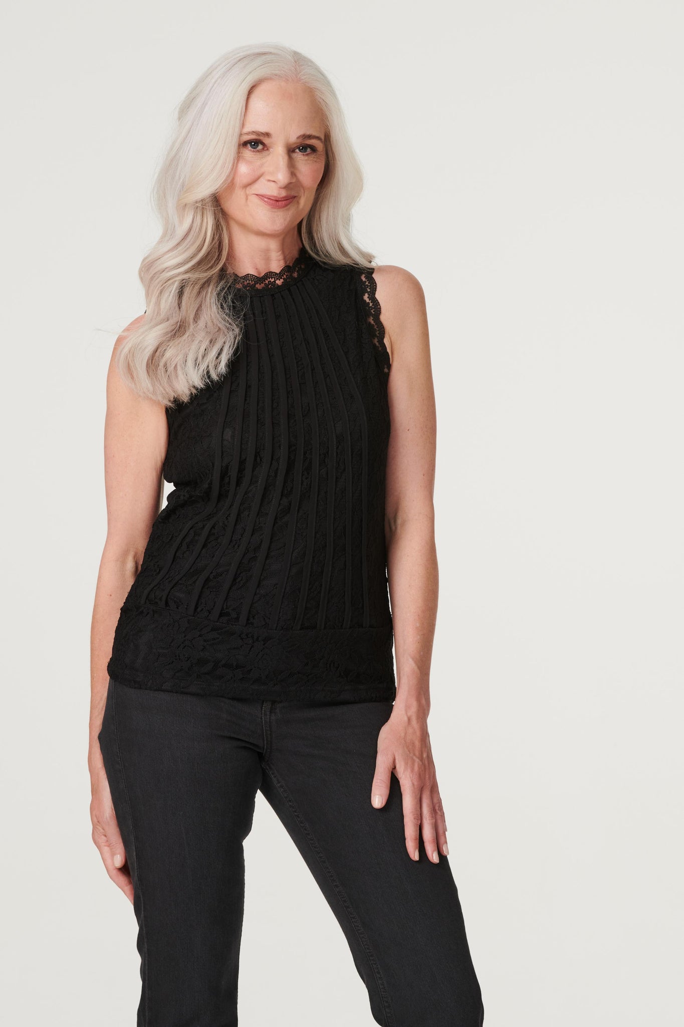 Black | Lace High Neck Sleeveless Top