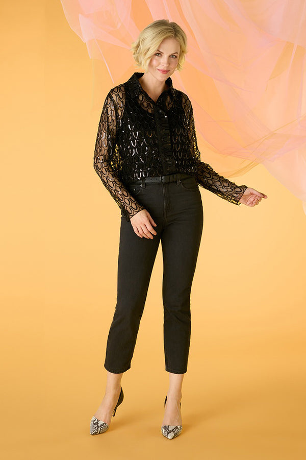 Black | Embellished Long Sleeve Sheer Shirt : Model is 5'10"/178 cm and wears UK10/EU38/US6/AUS10