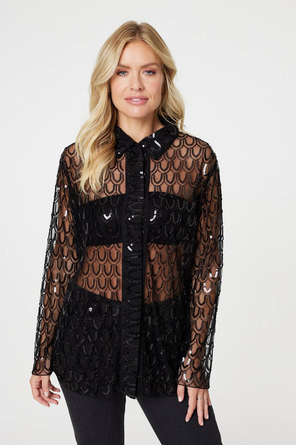 Black | Embellished Long Sleeve Sheer Shirt : Model is 5'10"/178 cm and wears UK8/EU36/US4/AUS8