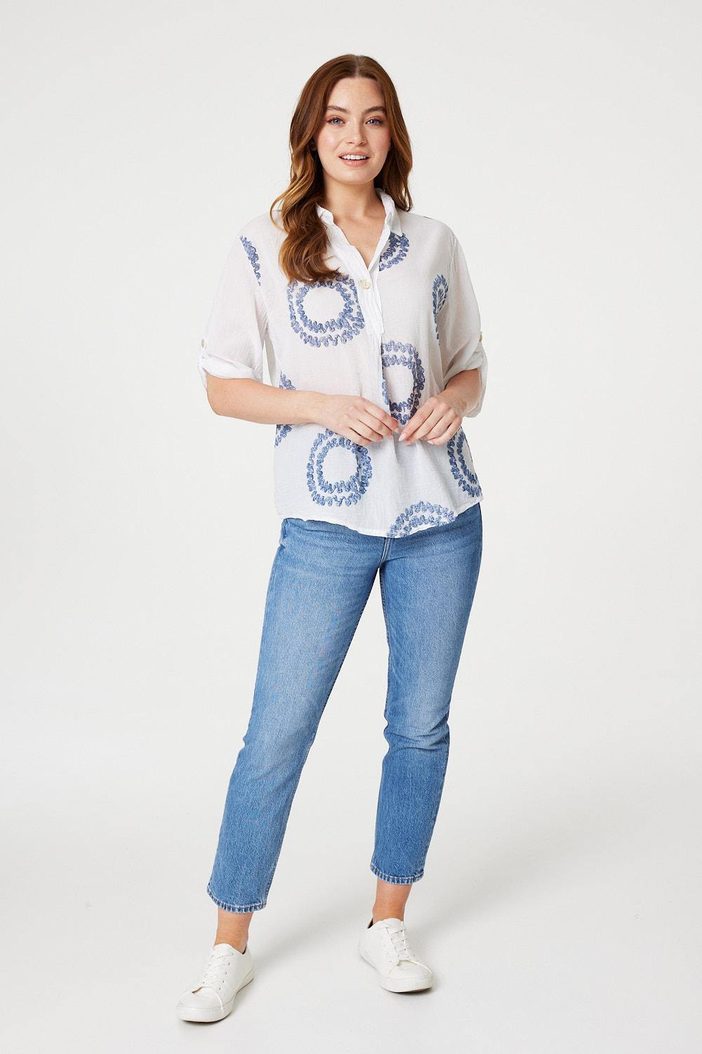 White | Printed Button Detail Blouse