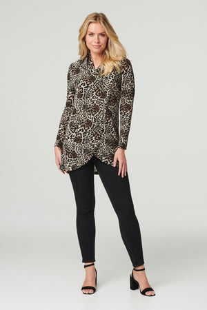 Beige | Leopard Print Cowl Neck Wrap Top