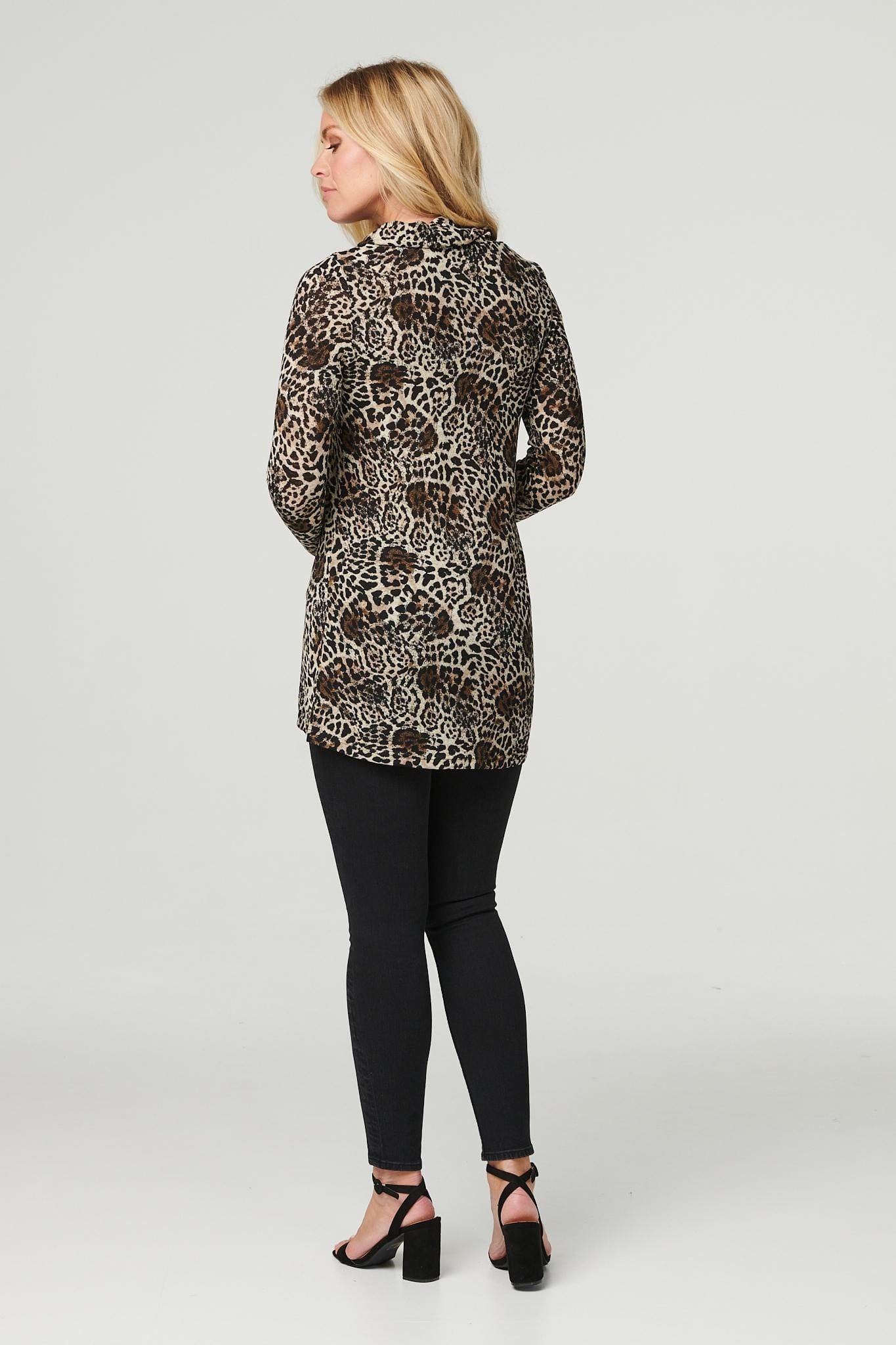 Beige | Leopard Print Cowl Neck Wrap Top