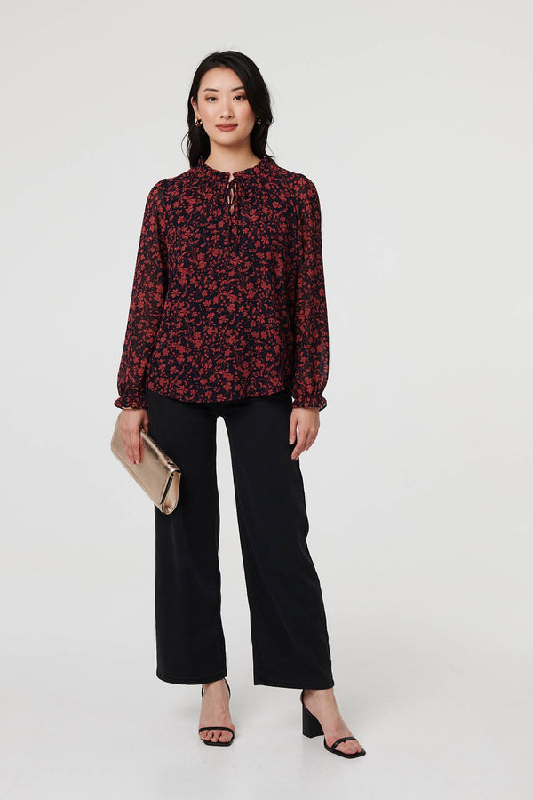 Navy | Printed Frilled Tie Neck Blouse
