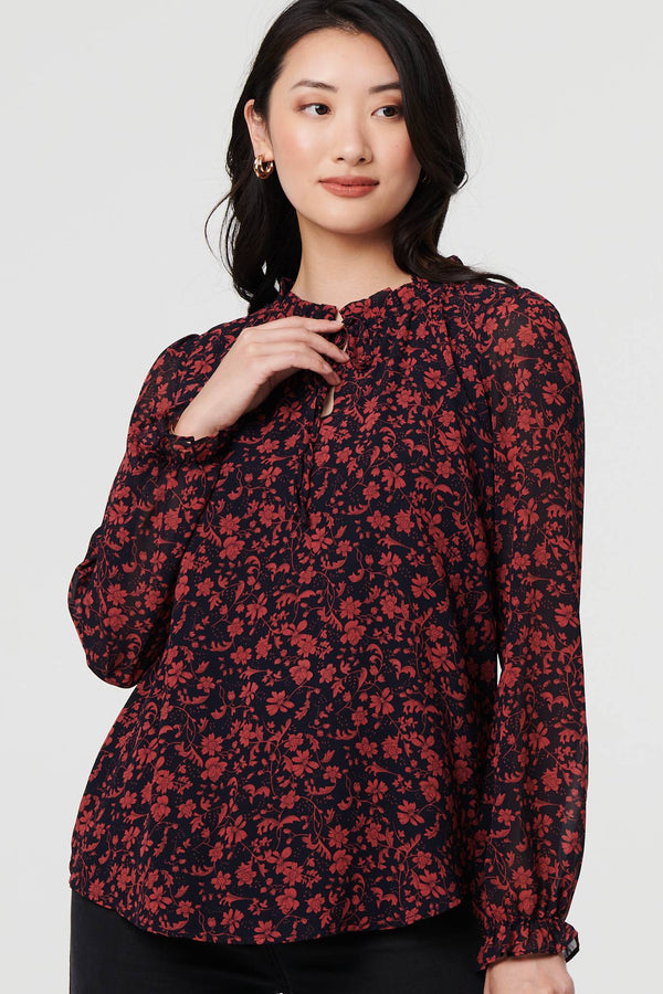 Navy | Printed Frilled Tie Neck Blouse
