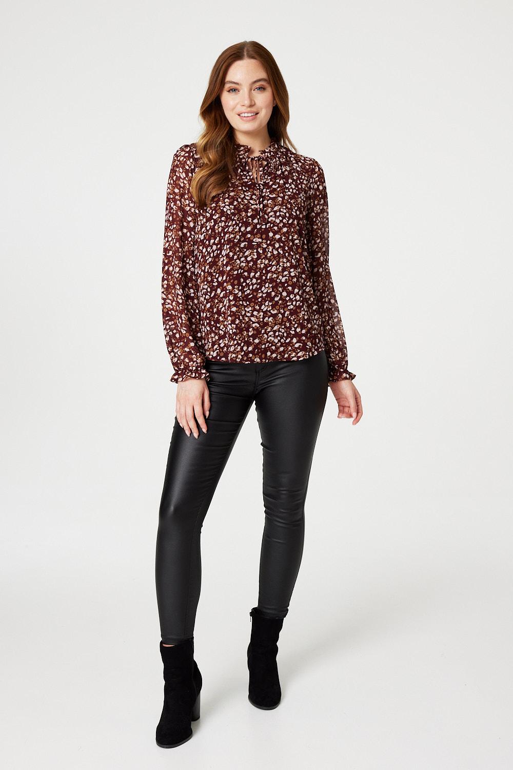Red | Printed Frilled Tie Neck Blouse