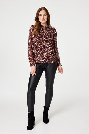 Red | Printed Frilled Tie Neck Blouse
