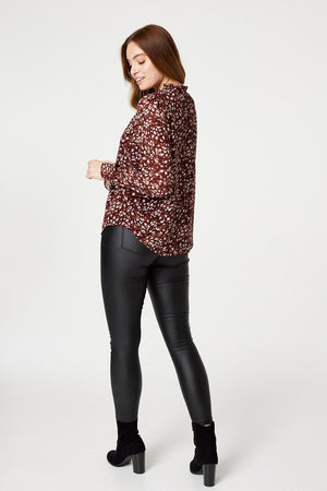 Red | Printed Frilled Tie Neck Blouse