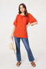 Orange | Lace Trim Bardot Tie Neck 1/2 Sleeve Blouse
