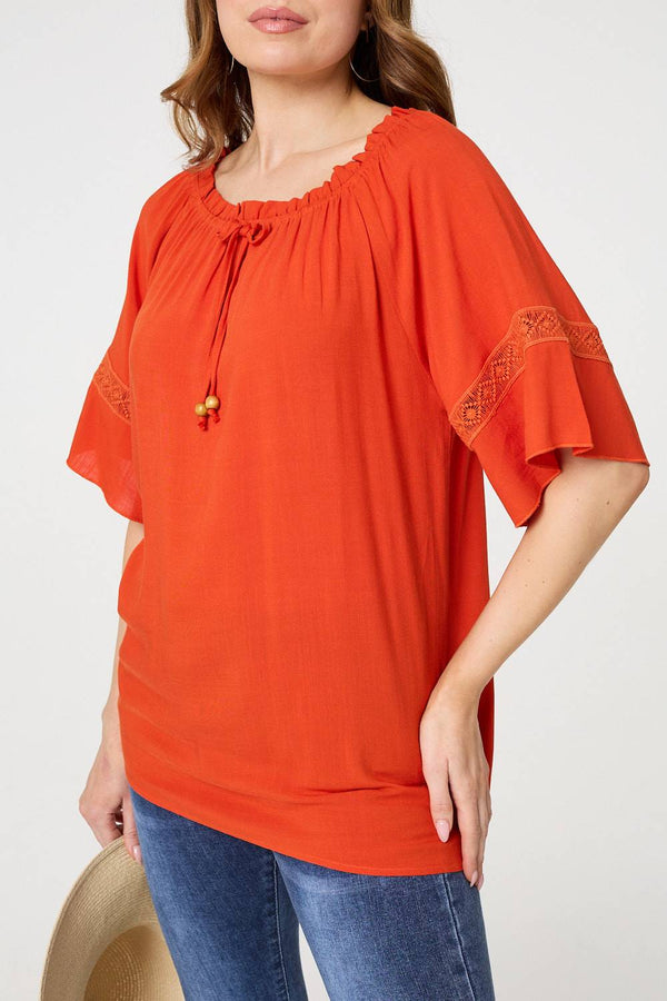 Orange | Lace Trim Bardot Tie Neck 1/2 Sleeve Blouse

