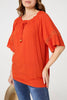 Orange | Lace Trim Bardot Tie Neck 1/2 Sleeve Blouse
