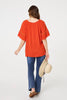 Orange | Lace Trim Bardot Tie Neck 1/2 Sleeve Blouse
