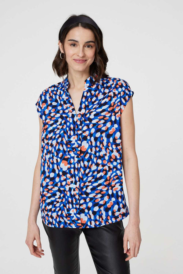 Blue | Printed Cap Sleeve Blouse Top : Model is 5'9"/175 cm and wears UK8/EU36/US4/AUS8