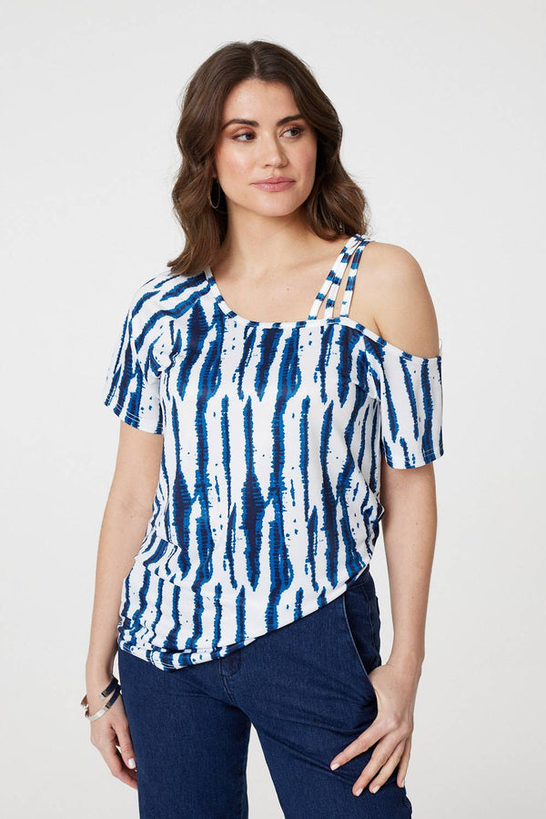 White | Tie Dye Print Asymmetric Strap Sleeve Top