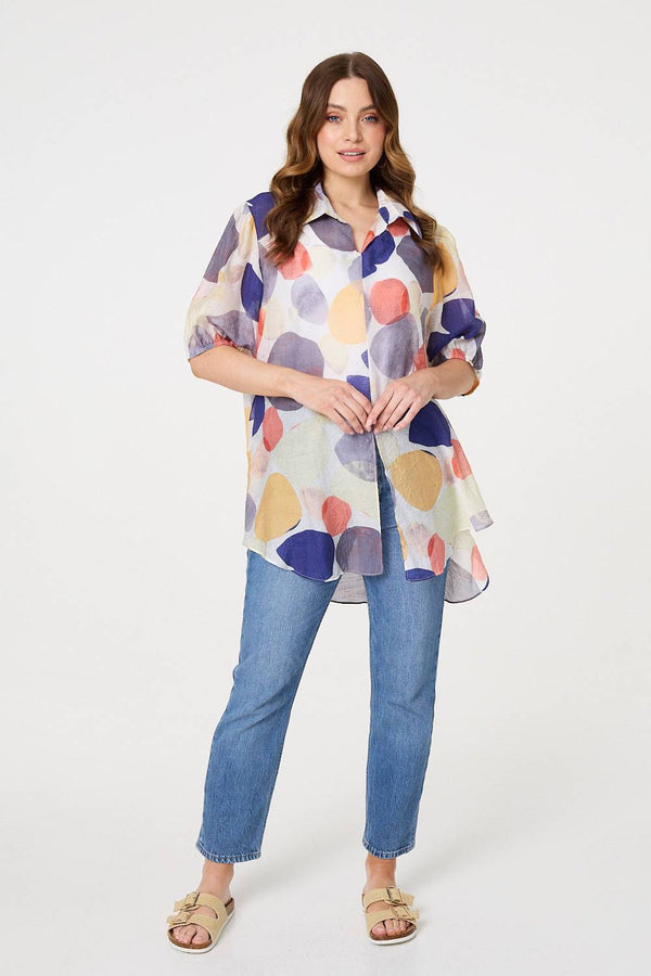 Blue | Abstract Semi Sheer High Low Shirt
