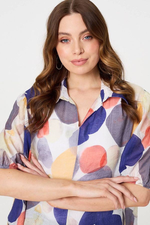 Blue | Abstract Semi Sheer High Low Shirt
