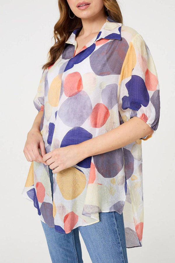 Blue | Abstract Semi Sheer High Low Shirt
