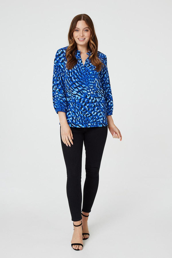 Blue | Animal Print Collarless Shirt Top