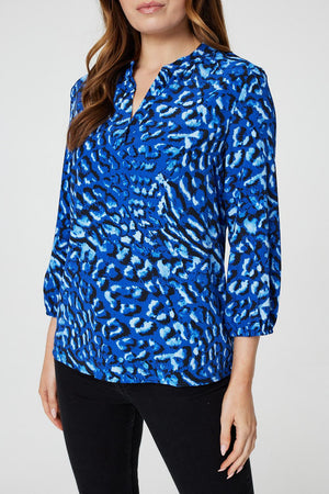 Blue | Animal Print Collarless Shirt Top
