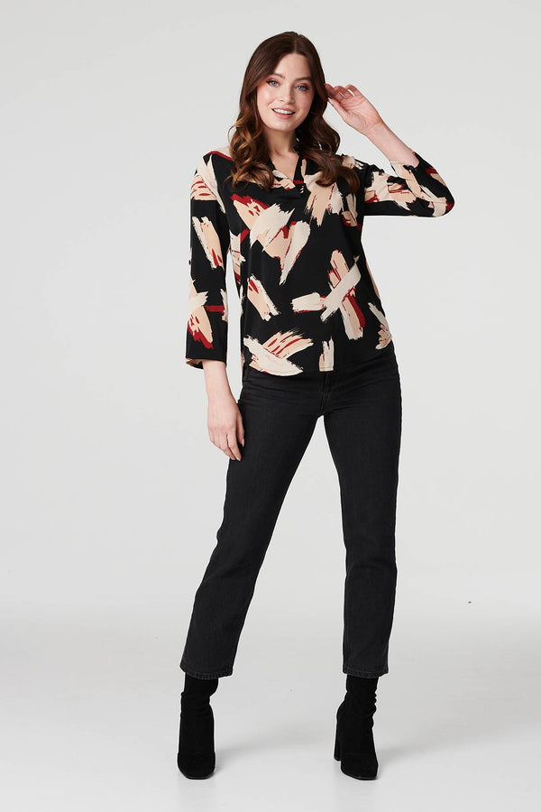 Black | Printed Collarless V-Neck Blouse