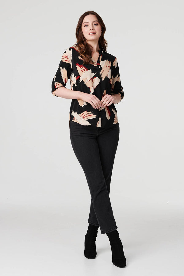 Black | Printed Collarless V-Neck Blouse : Model is 5'9"/175 cm and wears UK8/EU36/US4/AUS8