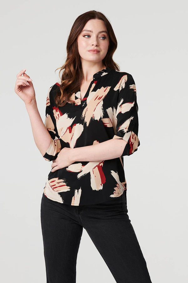 Black | Printed Collarless V-Neck Blouse