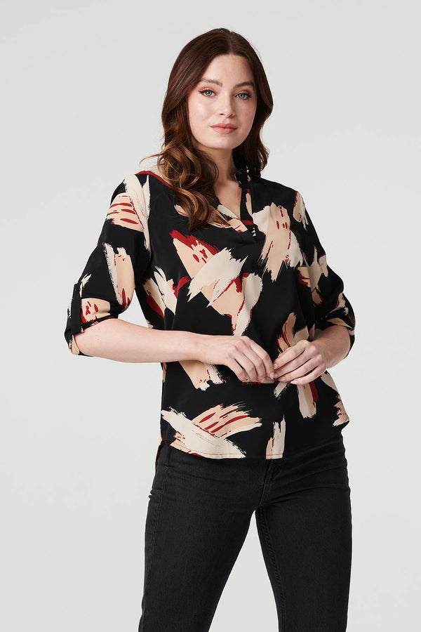 Black | Printed Collarless V-Neck Blouse