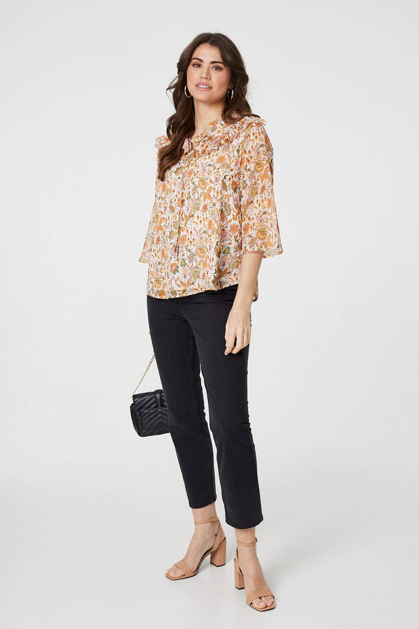 Orange | Floral Frill Detail 3/4 Sleeve Blouse