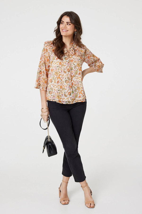 Orange | Floral Frill Detail 3/4 Sleeve Blouse