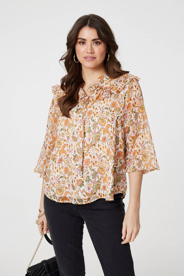 Orange | Floral Frill Detail 3/4 Sleeve Blouse