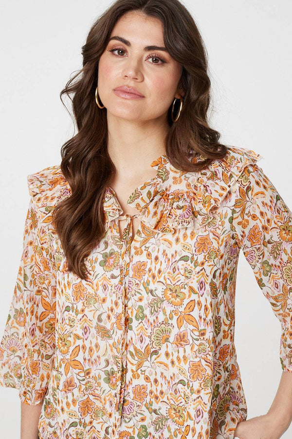 Orange | Floral Frill Detail 3/4 Sleeve Blouse