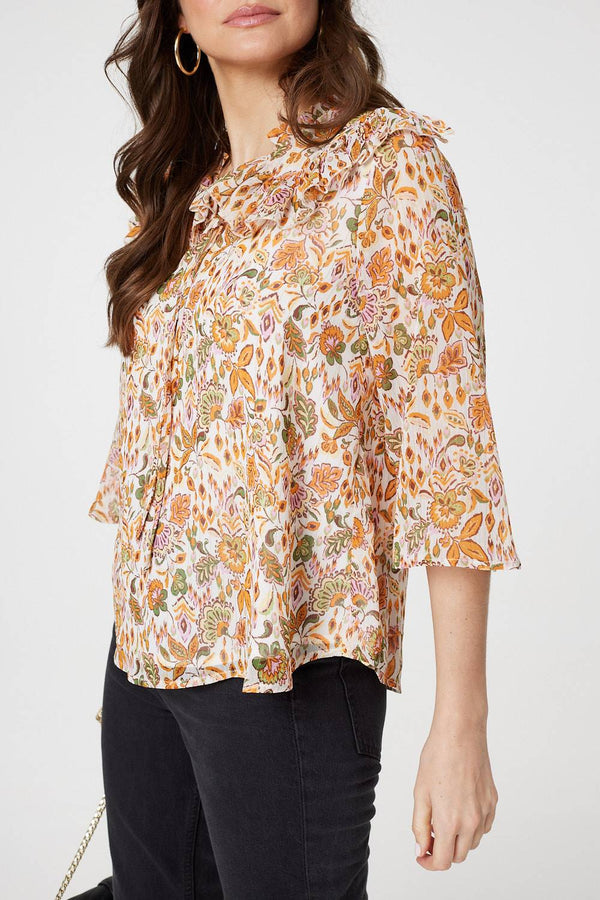 Orange | Floral Frill Detail 3/4 Sleeve Blouse