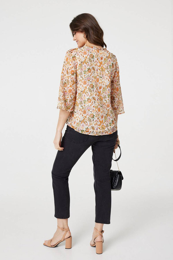 Orange | Floral Frill Detail 3/4 Sleeve Blouse