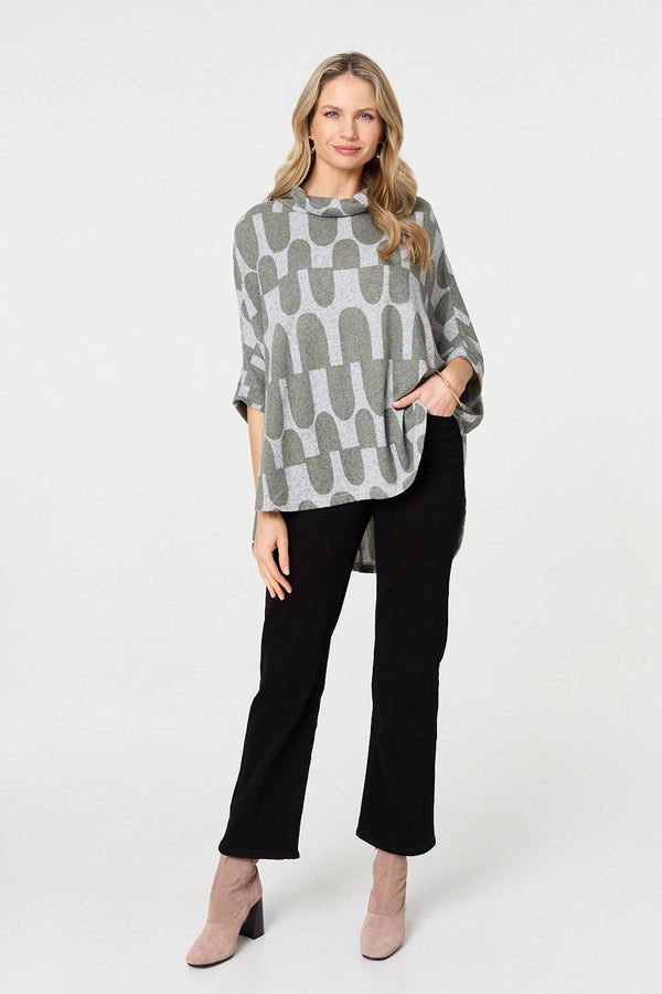 Green | Geo Print Roll Neck Oversized Top
