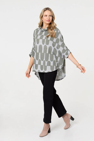 Green | Geo Print Roll Neck Oversized Top
