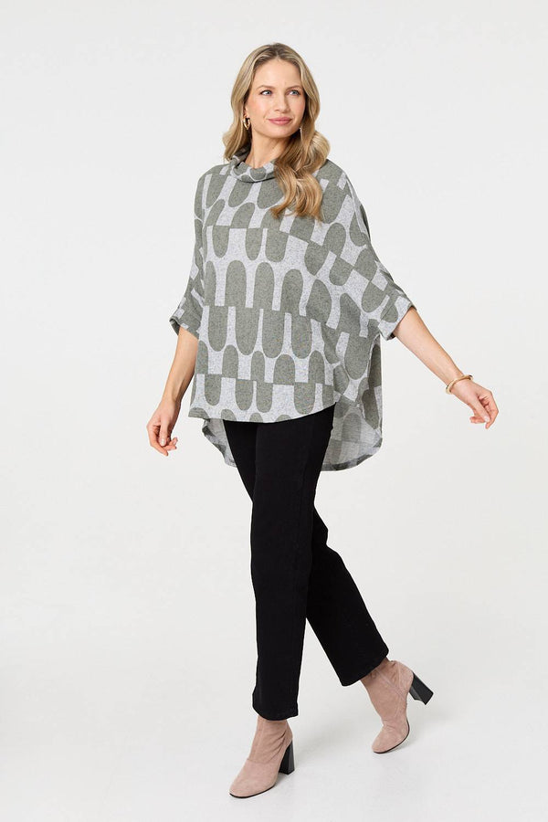 Green | Geo Print Roll Neck Oversized Top
