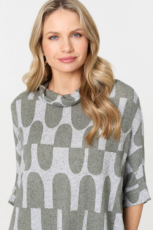 Green | Geo Print Roll Neck Oversized Top
