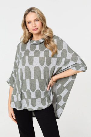 Green | Geo Print Roll Neck Oversized Top
