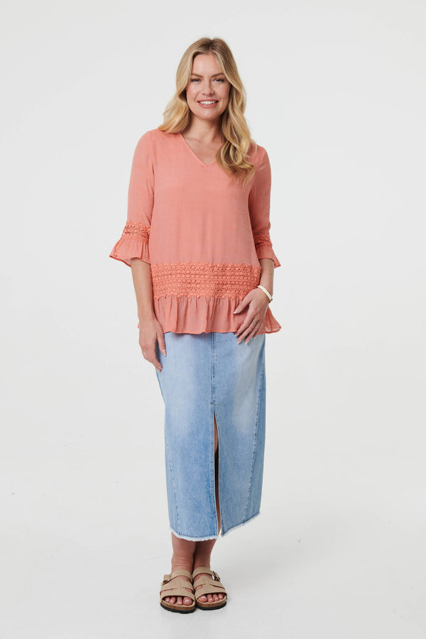 Pink | Lace Trim 3/4 Flared Sleeve Blouse
