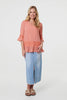 Pink | Lace Trim 3/4 Flared Sleeve Blouse
