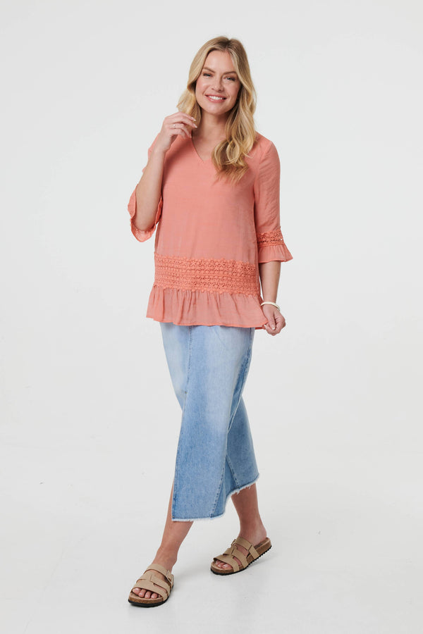 Pink | Lace Trim 3/4 Flared Sleeve Blouse
