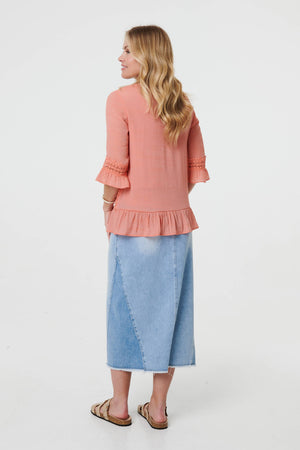 Pink | Lace Trim 3/4 Flared Sleeve Blouse

