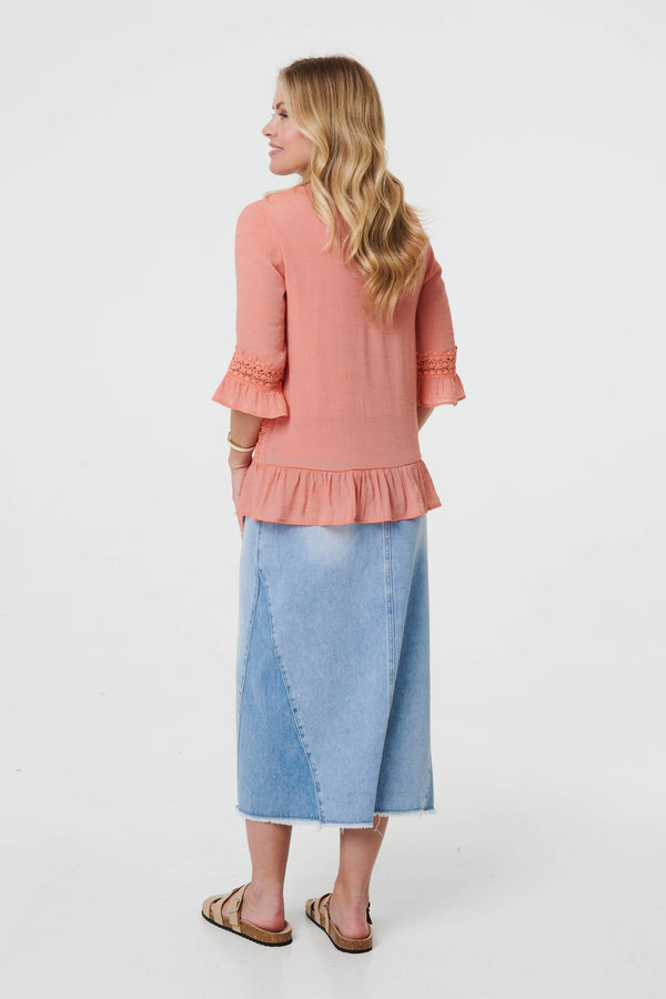 Pink | Lace Trim 3/4 Flared Sleeve Blouse
