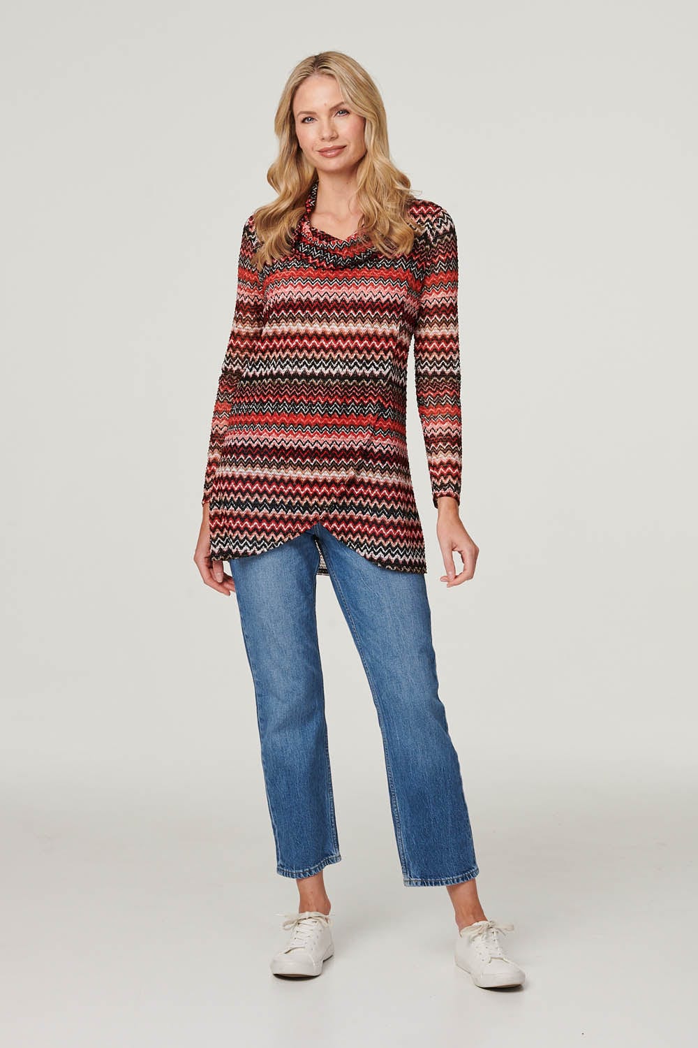 Red | Chevron Print Cowl Neck Top : Model is 5'10"/178 cm and wears UK10/EU38/US6/AUS10