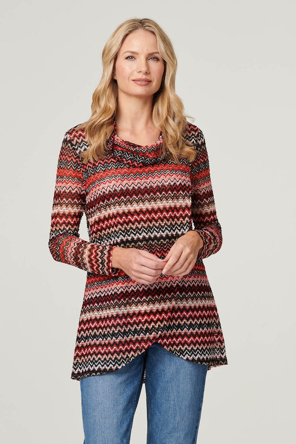 Red | Chevron Print Cowl Neck Top
