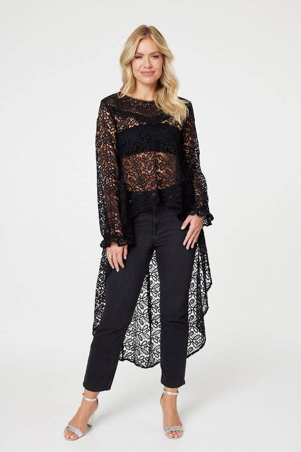 Black | Lace Semi Sheer High Low Top
